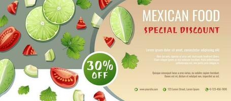 korting bon, Mexicaans voedsel sjabloon ontwerp. coupon met limoen soep en tomaten. banier, poster, folder, reclame voor een restaurant vector