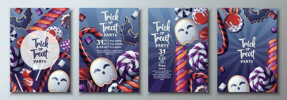 vector reeks van halloween partij uitnodigingen of groet kaarten met snoepjes, lolly's.spook en knuppel koekjes