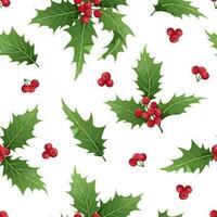 naadloos patroon met hulst bladeren en bessen Aan een wit achtergrond. Kerstmis en nieuw jaar textuur. Super goed voor omhulsel papier, textiel, achtergronden. vector