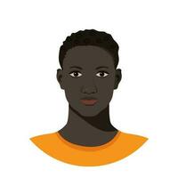 geïsoleerd portret van zwart tiener in vlak stijl. vector avatar van zwart jongen met donker kort gekruld haar- en zwart ogen Aan wit achtergrond. diversiteit.geschikt voor sociaal media