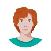 geïsoleerd avatar voor sociaal media van tiener in vlak stijl. vector portret van Europese jong Mens met rood haar- en groen ogen Aan wit achtergrond.