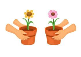 hand- Holding bloem pot kamerplant decoratie symbool reeks tekenfilm illustratie vector