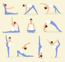 jong vrouw aan het doen sport opdrachten. yoga poses set. vector