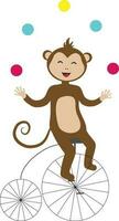 vector illustratie circus aap karakter rijden fiets en jongleren ballen in tekenfilm stijl