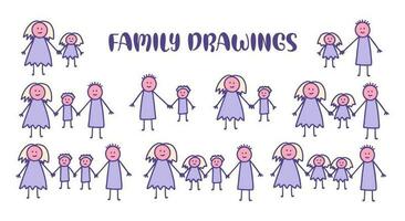 reeks van kinderen tekening met verschillend familie tekeningen. vector