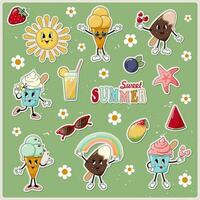 zoet zomer, stickers set. tekens ijs room, fruit, cocktail, zeester, zon, zonnebril, regenboog, madeliefjes. vector