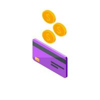 contant geld krijgen een bank kaart Purper links visie - wit achtergrond icoon vector isometrisch. cashback onderhoud en online geld terugbetaling. concept van overdracht geld, e-commerce, besparing account.