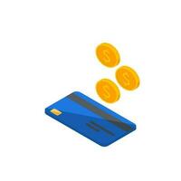 contant geld krijgen een bank kaart blauw links visie - wit achtergrond icoon vector isometrisch. cashback onderhoud en online geld terugbetaling. concept van overdracht geld, e-commerce, besparing account.