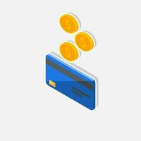 contant geld krijgen een bank kaart blauw links visie - wit beroerte met schaduw icoon vector isometrisch. cashback onderhoud en online geld terugbetaling. concept van overdracht geld, e-commerce, besparing account.