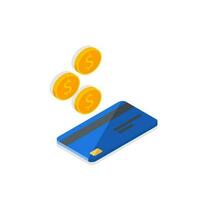 contant geld krijgen een bank kaart blauw Rechtsaf visie - schaduw icoon vector isometrisch. cashback onderhoud en online geld terugbetaling. concept van overdracht geld, e-commerce, besparing account.