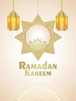 ramadan kareem realistisch ontwerp met elegante gouden lantaarn en moskee op witte achtergrond vector