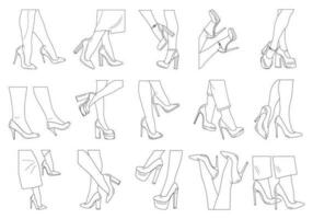 tekening schetsen schets silhouetten van vrouw poten. schoenen stiletto's, hoog hakken. wandelen, staan, rennen, springen, dans vector