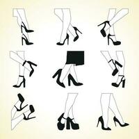 silhouetten schets van vrouw poten. schoenen stiletto's, hoog hakken. wandelen, staan, rennen, springen, dans vector