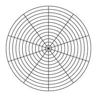 wiel van leven sjabloon. gemakkelijk coaching gereedschap voor visualiseren allemaal gebieden van leven. polair rooster van 10 segmenten en 12 concentrisch cirkels. blanco polair diagram papier. cirkel diagram van leven stijl evenwicht. vector
