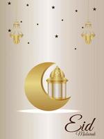 eid Mubarak-feestvlieger met creatieve gouden maan en lantaarn op witte achtergrond vector