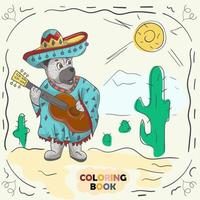 boek kleur contour illustratie voor kleine kinderen in de stijl van doodle teddybeer met gitaar in het nationale kostuum van de Mexicaan vector