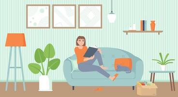 home entertainment isolatie periode ontspannen concept gezellige interieur woonkamer met een kat meisje op de bank lezen van een boek voorraad vectorillustratie in vlakke stijl cartoon vector