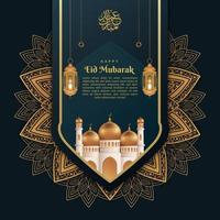 gelukkige eid mubarak-achtergrond met hangende lantaarns en moskee vector