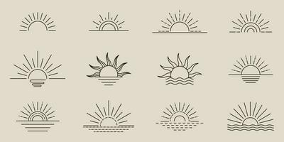 boho zonnestraal logo, zon lijn kunst vector. zonsondergang zonsopkomst voorraad vector logo ontwerp