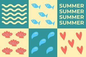 zomer positief collage. vector illustratie van zee strand voorwerpen en elementen, vissen, schelpen, golven, water druppels, harten. tekst ontwerp.
