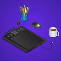 realistisch visie van 3d grafisch tablet met pen houder, mp3 muziek- speler en koffie mok Aan blauw achtergrond. vector