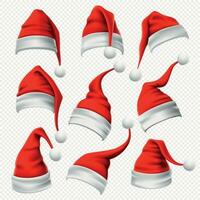 de kerstman claus hoeden. Kerstmis rood hoed, Kerstmis harig hoofdtooi en winter vakantie hoofd slijtage decoratie 3d vector reeks