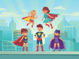 superheld kinderen team. grappig held kind in super kostuum met mantel Aan stedelijk dak. kinderen superhelden vector tekenfilm illustratie