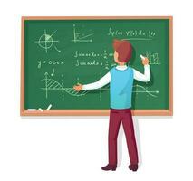 leraar schrijven Aan schoolbord. school- professor onderwijzen studenten, uitleggen grafieken formules grafieken Aan schoolbord vector illustratie