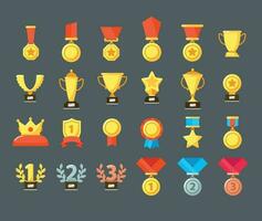 prijs pictogrammen. gouden trofee beker, beloning bekers en winnend prijs. vlak medailles prijzen vector symbolen