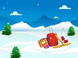 winter landschap achtergrond met bagage Tassen, handschoenen, hoed en skateboard. vector