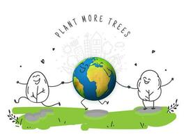 fabriek meer bomen gebaseerd poster ontwerp met tekenfilm aarde wereldbol Holding hand- van gelukkig boom Aan natuur stad visie achtergrond. vector