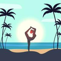 mooi poster of banier ontwerp met silhouet van vrouw in yoga houding Aan strand visie achtergrond voor Internationale yoga dag. ruimte voor uw tekst. vector