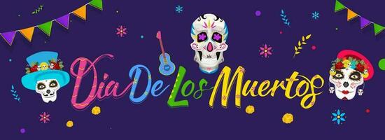 website hoofd of banier ontwerp met kleurrijk schoonschrift dia de los Muertos en suiker schedel of calaveras Aan Purper achtergrond. vector