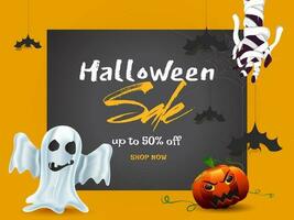 halloween uitverkoop banier of poster ontwerp met korting bieden, geest, eng pompoen en zombie hand- Aan geel en grijs achtergrond. vector
