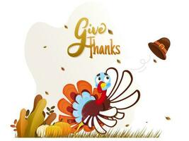 geven bedankt bericht tekst met kalkoen vogel, pelgrim hoed, pompoen en herfst bladeren Aan wit achtergrond voor gelukkig dankzegging dag viering. vector