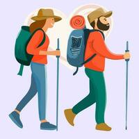 wandelen toeristen wandelen. een jong familie paar. vector illustratie van een vlak ontwerp illustratie van jong Afrikaanse Amerikaans paar wandelen in bergen