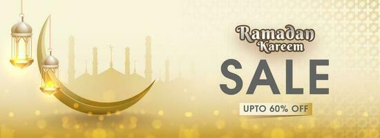 website hoofd of banier ontwerp met gouden halve maan maan, hangende verlichte lantaarns en 60 korting aanbod voor Ramadan kareem uitverkoop. vector