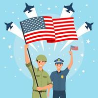 legermilitair en politieagent vieren de Amerikaanse onafhankelijkheidsdag vector