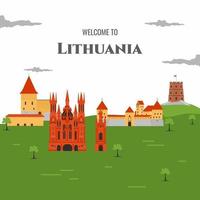 Litouwen beroemde bezienswaardigheden infographic sjablonen voor reizen in platte cartoonstijl. vectorillustratie kan worden gebruikt voor poster reisboek, briefkaart, billboard. wereld vakantie reizen europa europees vector