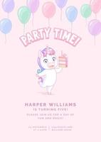 roze vector verjaardagsuitnodiging voor feest met eenhoorn en cake