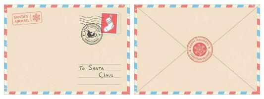 Lieve de kerstman claus mail envelop. Kerstmis verrassing brief, kind ansichtkaart met noorden pool poststempel cachet vector illustratie
