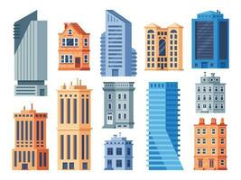 stad gebouwen. stedelijk kantoor buitenkant, leven huis gebouw en appartement huis geïsoleerd vector pictogrammen reeks