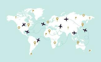 wereld kaart vlak sporen. luchtvaart bijhouden pad Aan wereld kaart, vliegtuig route lijn en reizen routes vector illustratie