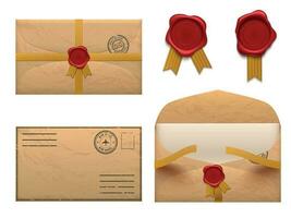 wijnoogst envelop. retro enveloppen brief met was- zegel stempel, oud mail levering vector reeks