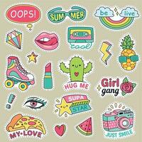 pret mode tiener- stickers. schattig tekenfilms patches voor tiener. sticker pak vector illustratie reeks