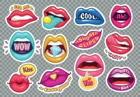 sticker lippen. provocerend meisje monden tekenfilm sensueel stickers. meisjes mode lappen. provocatie vrouw mond illustratie vector reeks