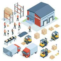 isometrische magazijn logistiek. lading vervoer industrie, groothandel distributie logistiek en gedistribueerd pallets 3d isometrische vector reeks