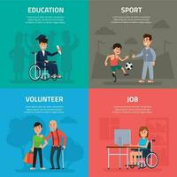 helpen gehandicapt personen. vrijwilliger werk, sport- en revalidatie, kans van onderwijs en baan voor gehandicapten persoon vector reeks