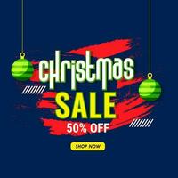 reclame poster of sjabloon ontwerp versierd met hangende kerstballen en korting aanbod voor Kerstmis uitverkoop. vector