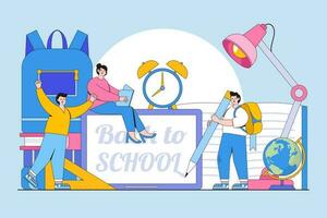 vector illustratie van terug naar school, voorbereiding voor studie, nieuw kennis en online aan het leren met mensen tekens